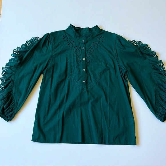 J. Crew Dark Spruce Ruffle Sleeve Embroidered Eyelet Blouse AR971 - Picture 2 of 14